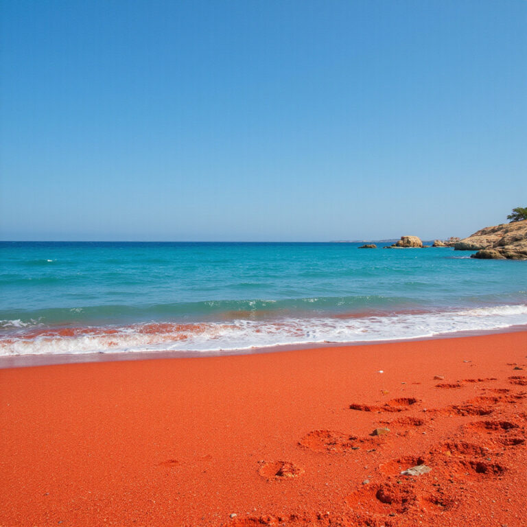 Czerwony piasek Ramla Bay na tle turkusowego morza, maltańska plaża z unikalnym kolorem