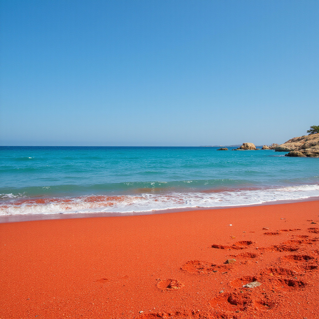 Czerwony piasek Ramla Bay na tle turkusowego morza, maltańska plaża z unikalnym kolorem