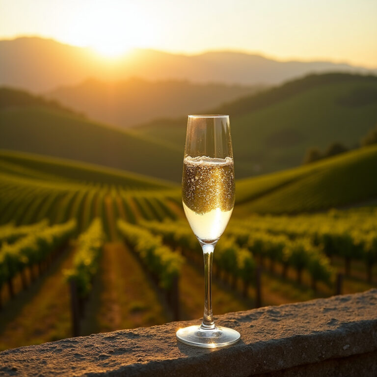 Prosecco z Veneto w kieliszku na tle winnic Conegliano Valdobbiadene