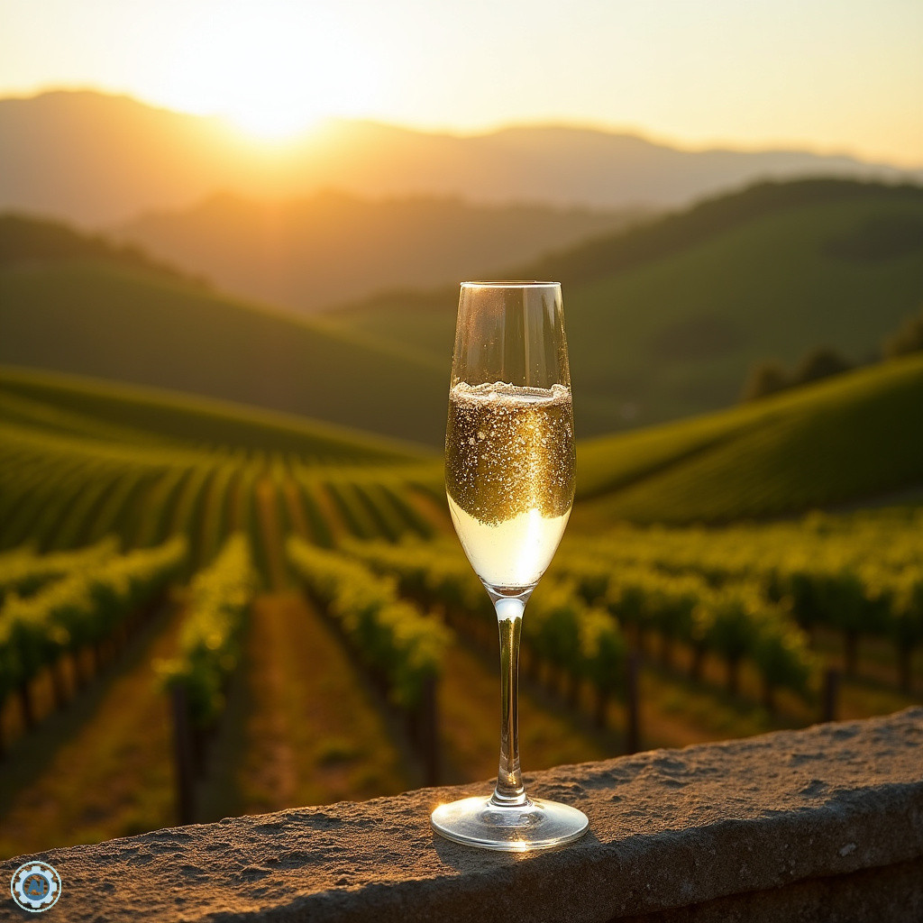 Prosecco z Veneto w kieliszku na tle winnic Conegliano Valdobbiadene