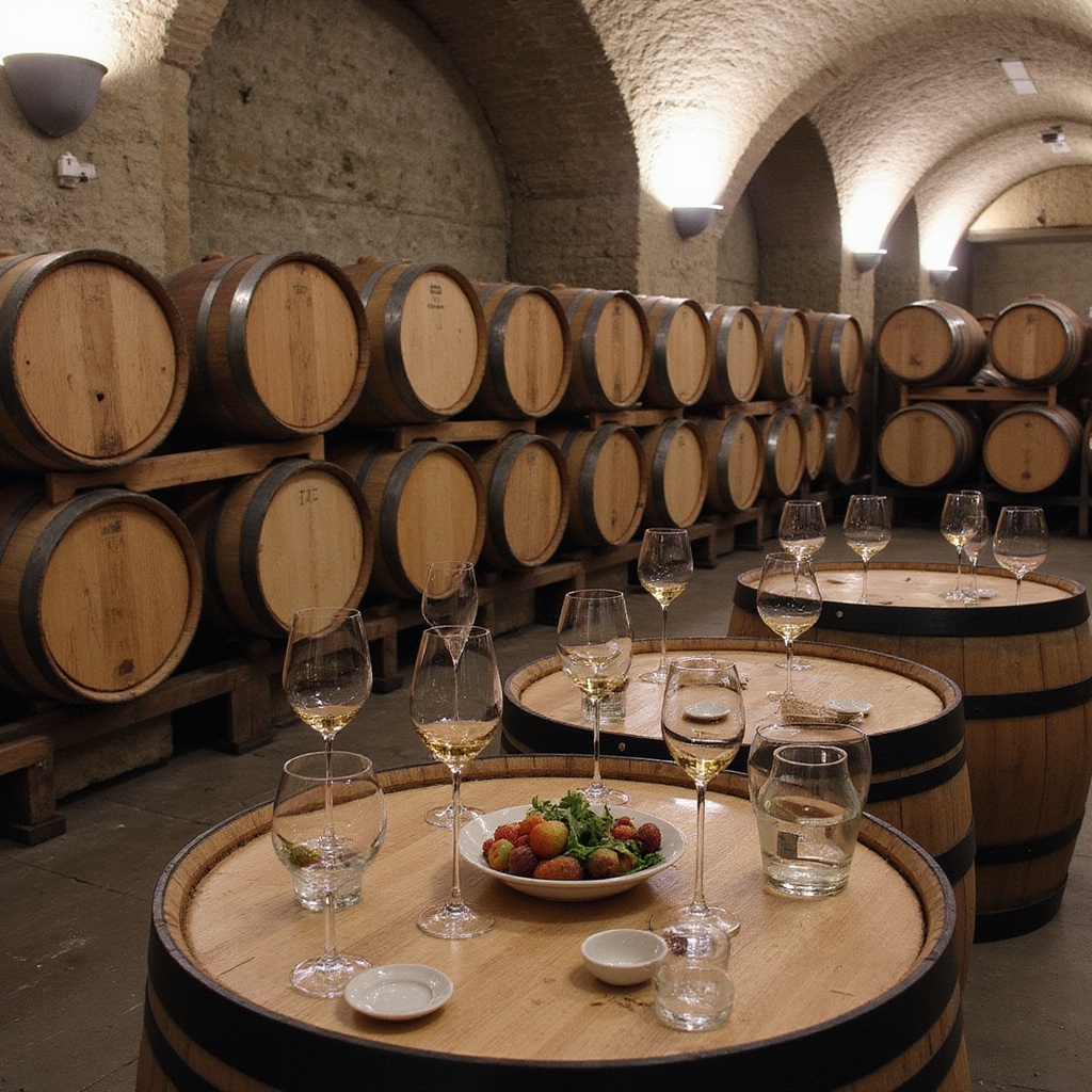 Degustacja txakoli wśród starych beczek w winnicy