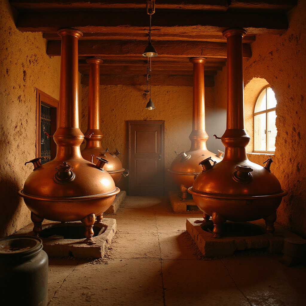 Tunezyjska destylarnia boukha z alembikami miedzianymi