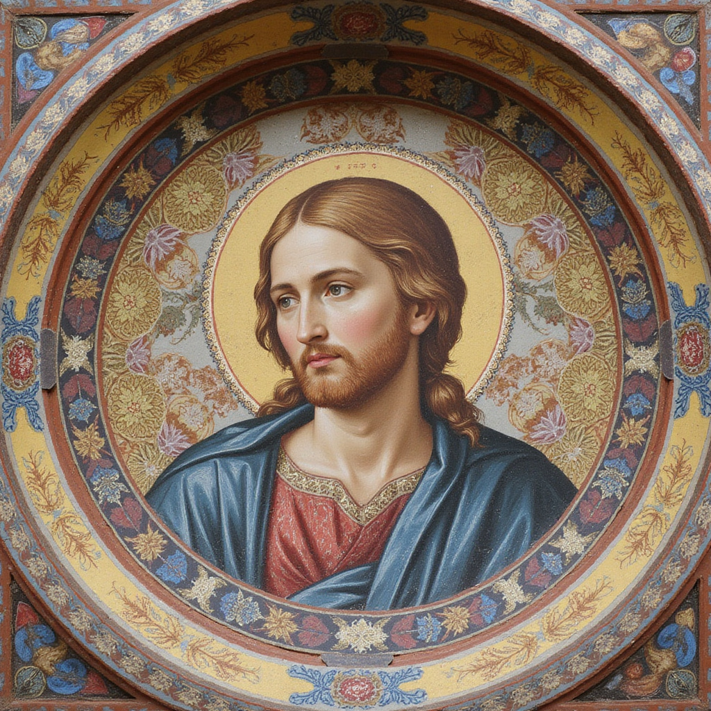 Detal fresku w cerkwi Bukowiny z wizerunkiem świętego i ornamentami