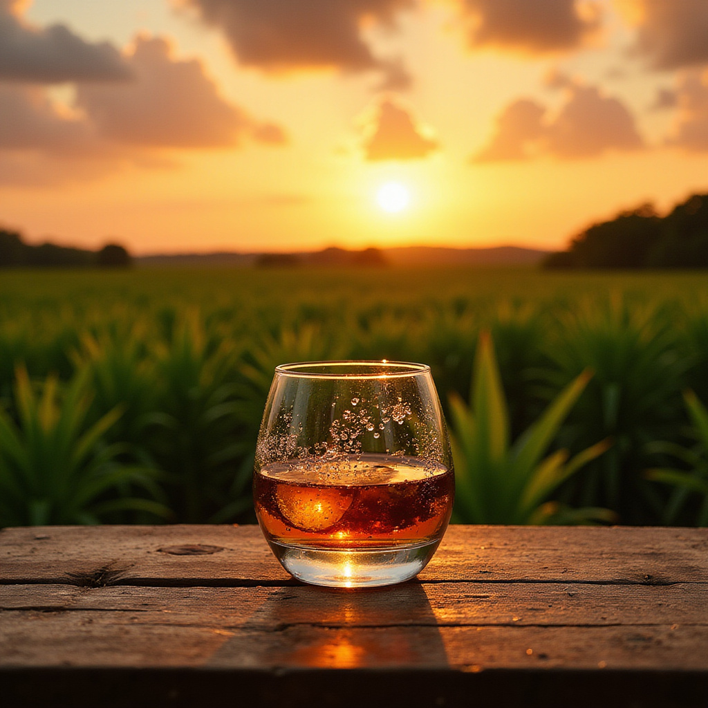 dominikański rum w szklance z widokiem na plantacje trzciny cukrowej