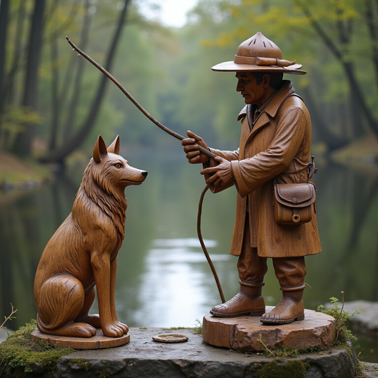 Rzeźby nad Ventą w Kuldidze – drewniane figury wilka i rybaka nad brzegiem rzeki