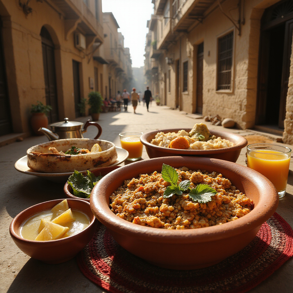 Egipskie śniadanie z ful medames i świeżymi sokami na tle uliczki w Kairze