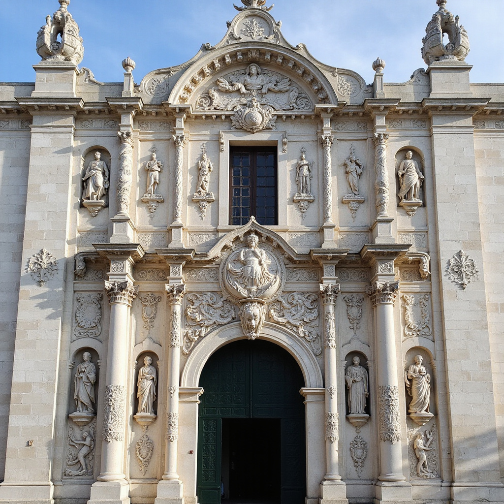 Fasada klasztoru Hieronimitów w Lizbonie z charakterystycznymi manuelińskimi zdobieniami morskimi