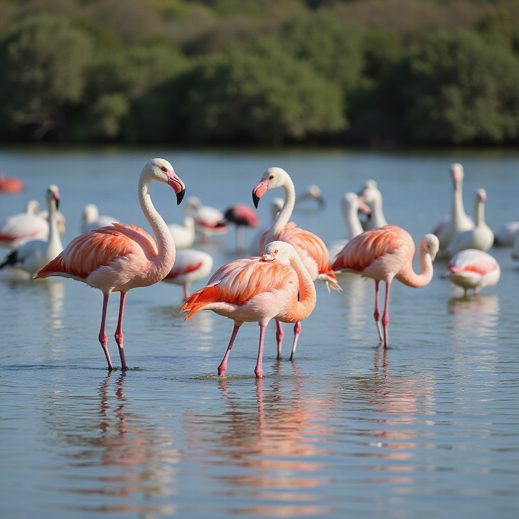 Flamingi różowe w lagunie Ria Formosa, ptaki wodne, przyroda Algarve