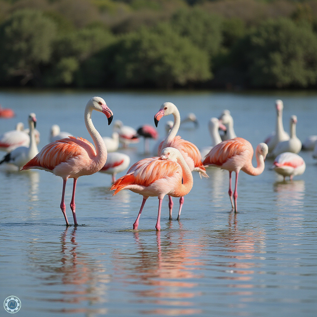 Flamingi różowe w lagunie Ria Formosa, ptaki wodne, przyroda Algarve