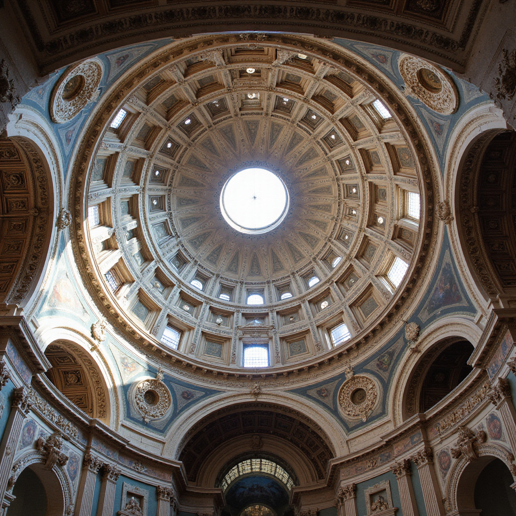 Wnętrze kopuły Brunelleschiego z freskami i światłem wpadającym przez otwory, renesansowe detale