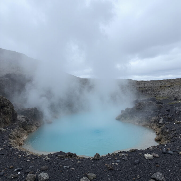 Geotermalne baseny Islandii otoczone skałami i parą wodną