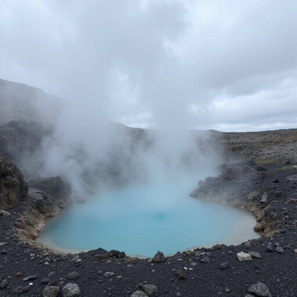 Geotermalne baseny Islandii otoczone skałami i parą wodną
