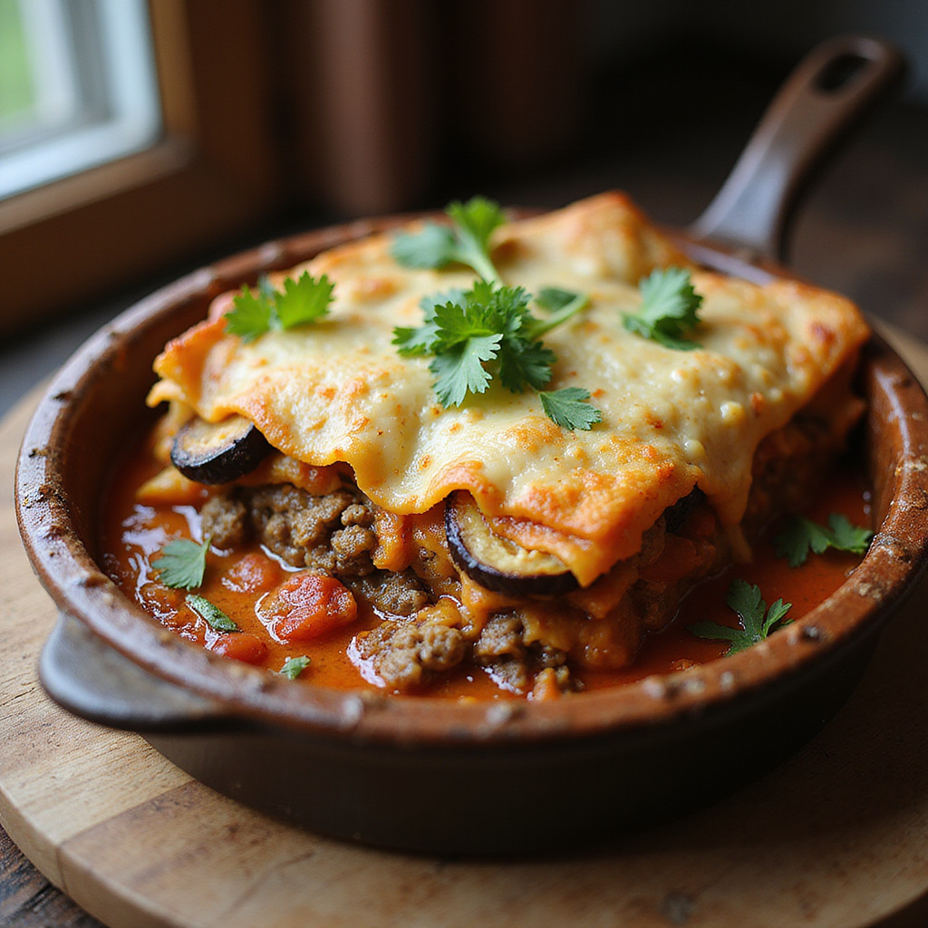 Tradycyjna grecka musaka na ceramicznej patelni