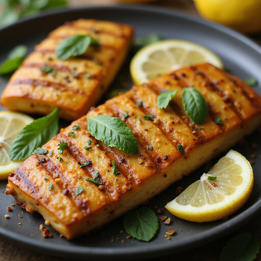 Grillowany halloumi na patelni z cytryną i miętą, złocista skórka i sprężysta tekstura