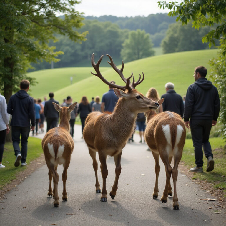 Jelenie w Parku Nara spacerujące wśród turystów i zielonych wzgórz