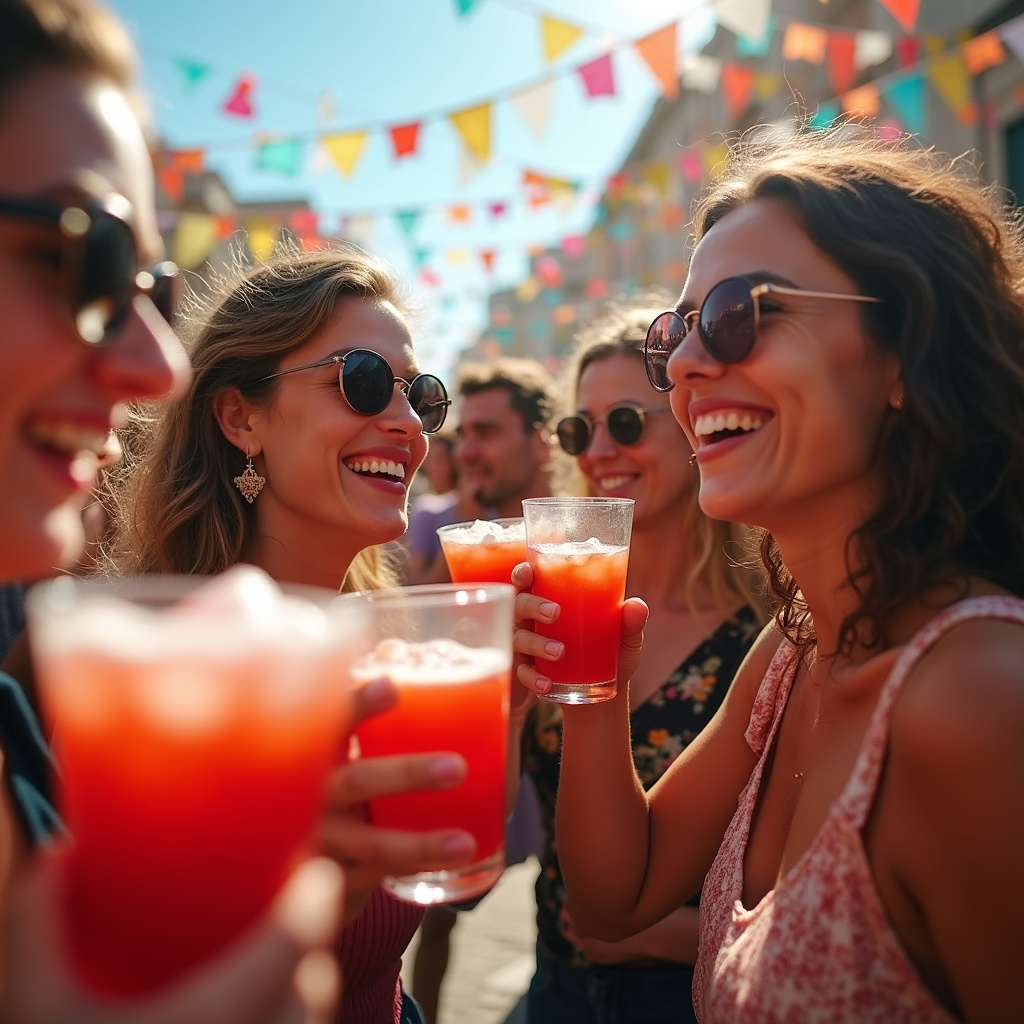 Grupa ludzi pijąca kalimotxo na festiwalu w Hiszpanii