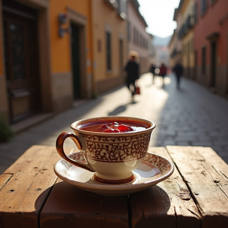 Kalimotxo w tradycyjnym baskijskim kubku na tle uliczki w Bilbao