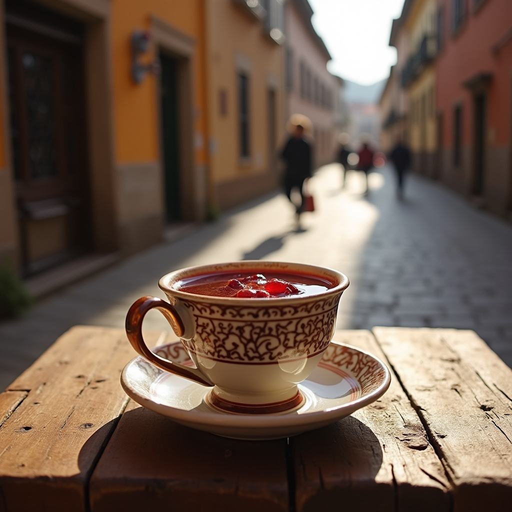 Kalimotxo w tradycyjnym baskijskim kubku na tle uliczki w Bilbao