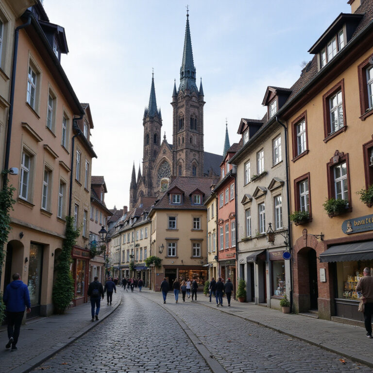 Strasburg – widok na katedrę Notre-Dame i brukowane uliczki, gotycka architektura, historyczne miasto
