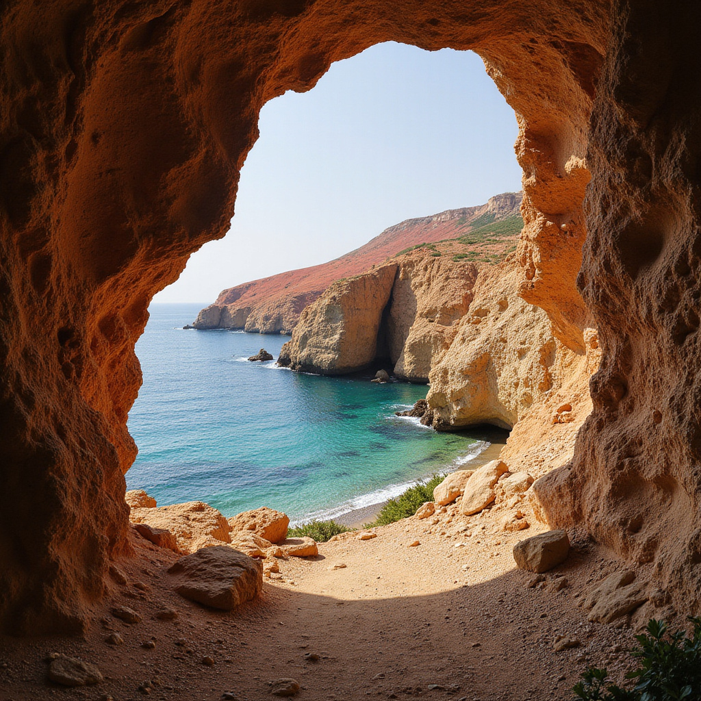 Widok na klify i jaskinię Calypso z czerwonym piaskiem w tle, Gozo