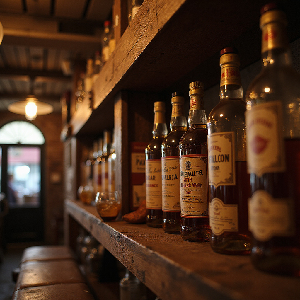 butelki rumu na drewnianej półce w klimatycznym barze