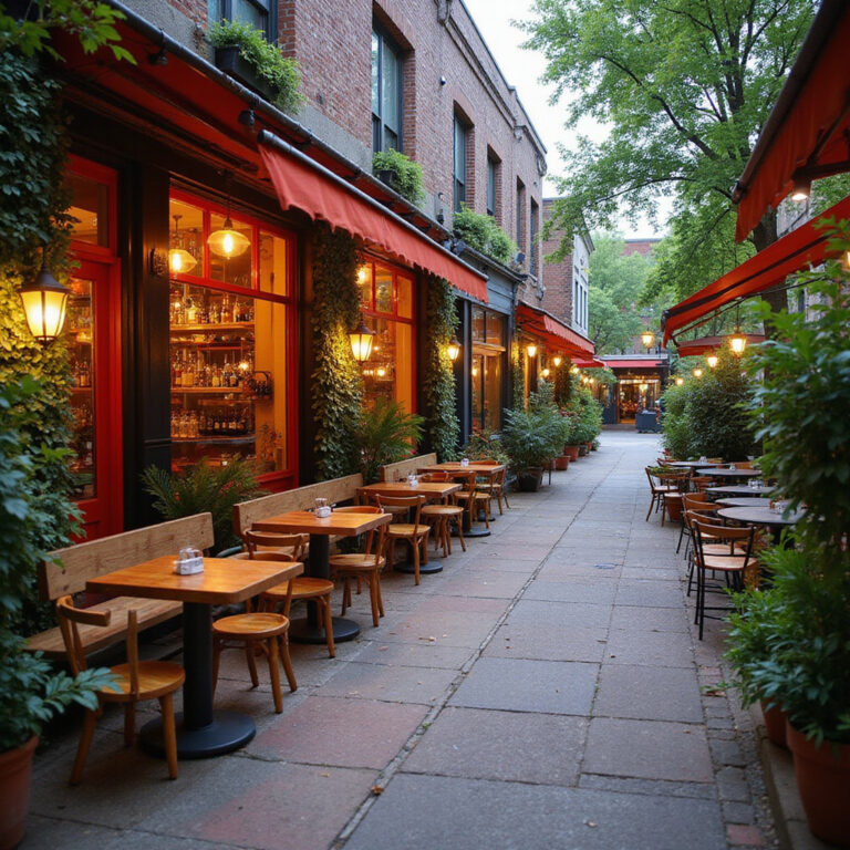 Ulica w Łodzi z kolorowymi restauracjami i kawiarniami, idealne miejsce na obiad lub kolację