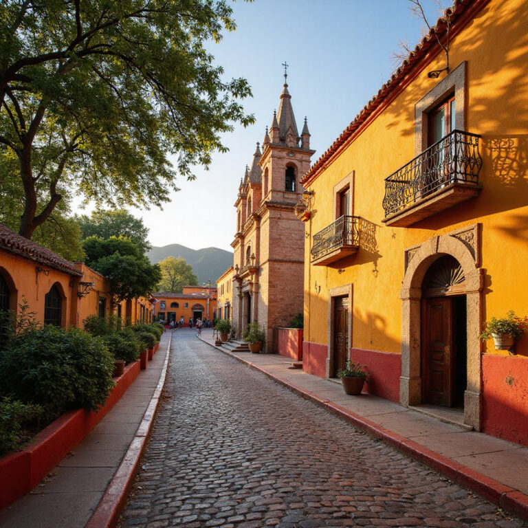 Kolorowe uliczki San Miguel de Allende z widokiem na Parroquia de San Miguel Arcangel