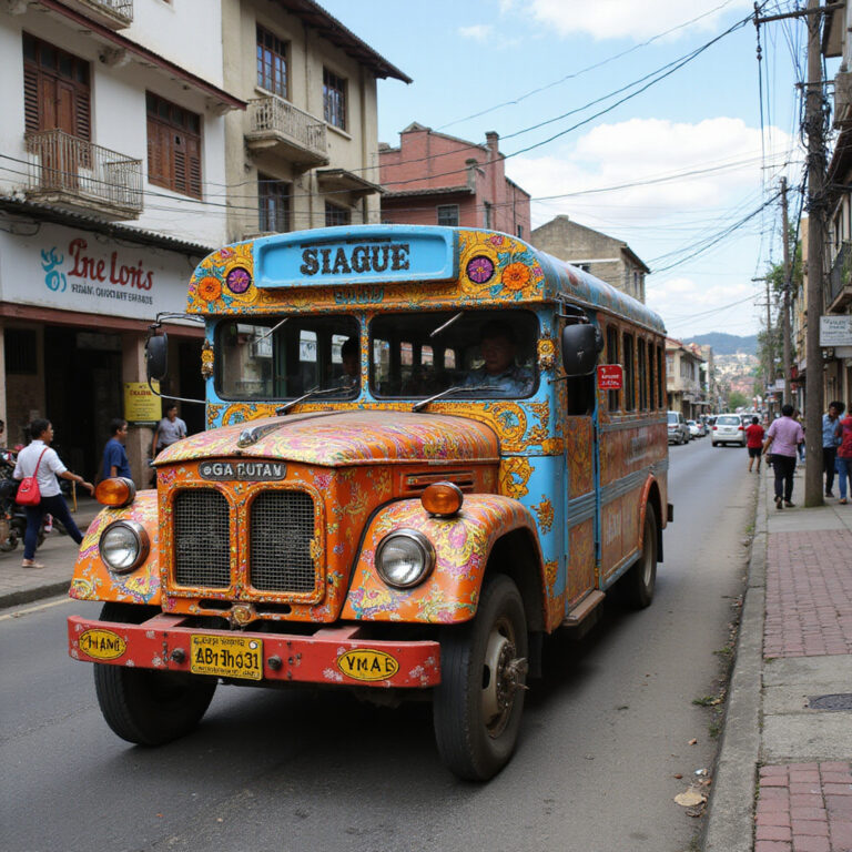 kolorowy autobus guagua na ulicy w Samaná, lokalny transport
