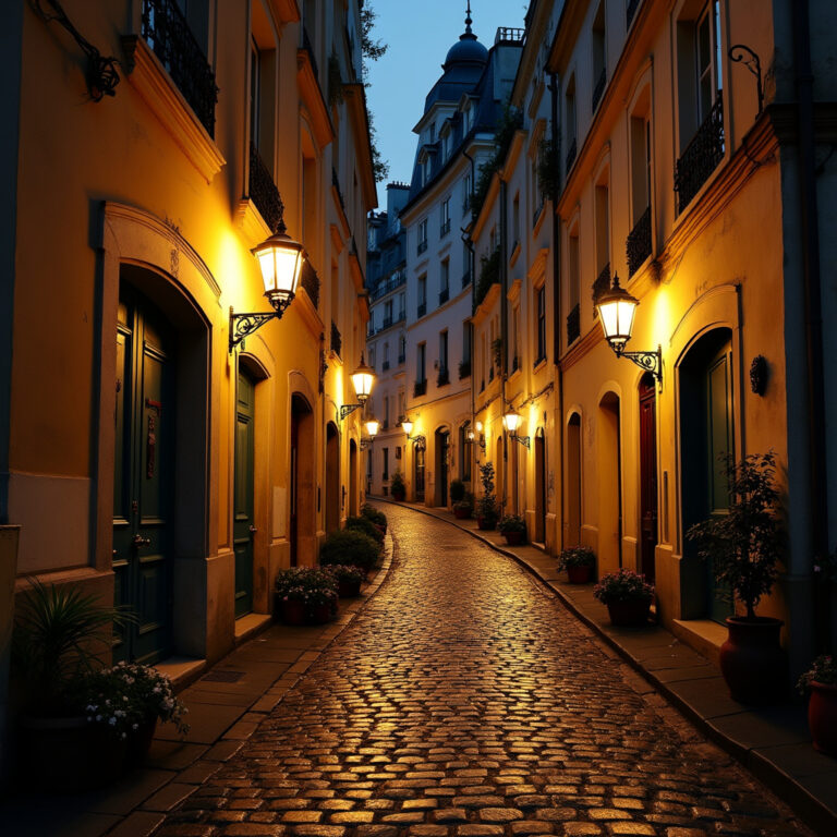 Montmartre nocą: kręte uliczki oświetlone latarniami w artystycznej dzielnicy Paryża