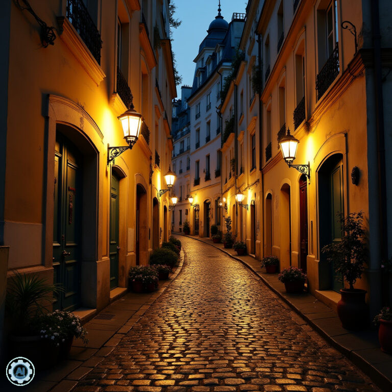 Montmartre nocą: kręte uliczki oświetlone latarniami w artystycznej dzielnicy Paryża