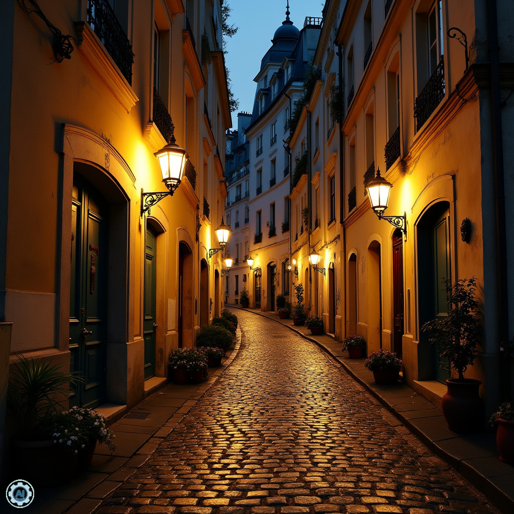 Montmartre nocą: kręte uliczki oświetlone latarniami w artystycznej dzielnicy Paryża