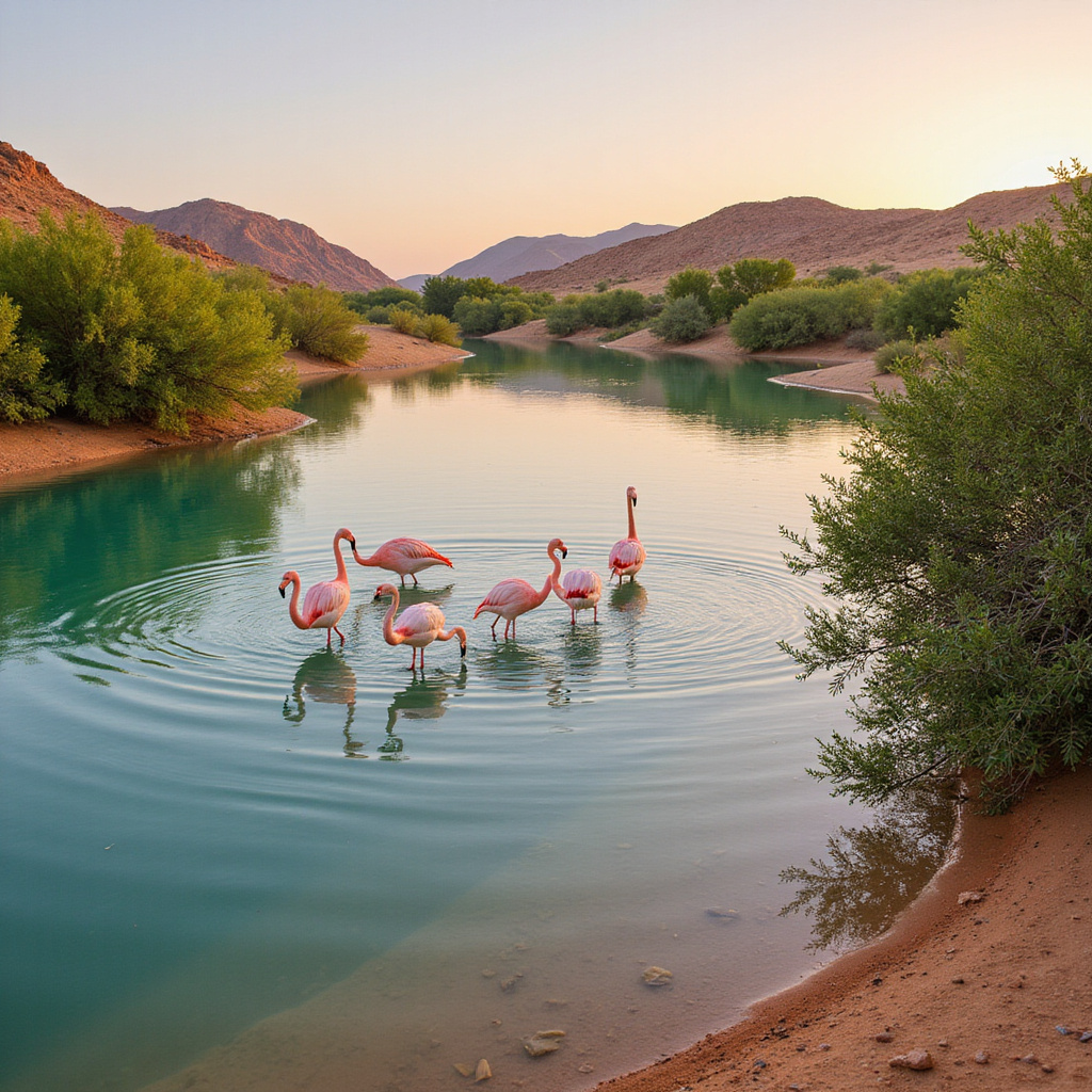 Laguny Hamata w Wadi El Gemal z różowymi flamingami