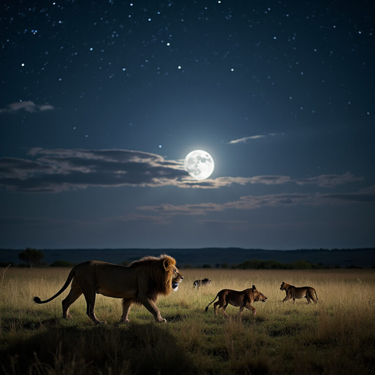 Nocne safari w Kenii - lwy polujące pod światłem księżyca w Masai Mara