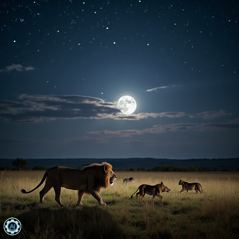 Nocne safari w Kenii - lwy polujące pod światłem księżyca w Masai Mara