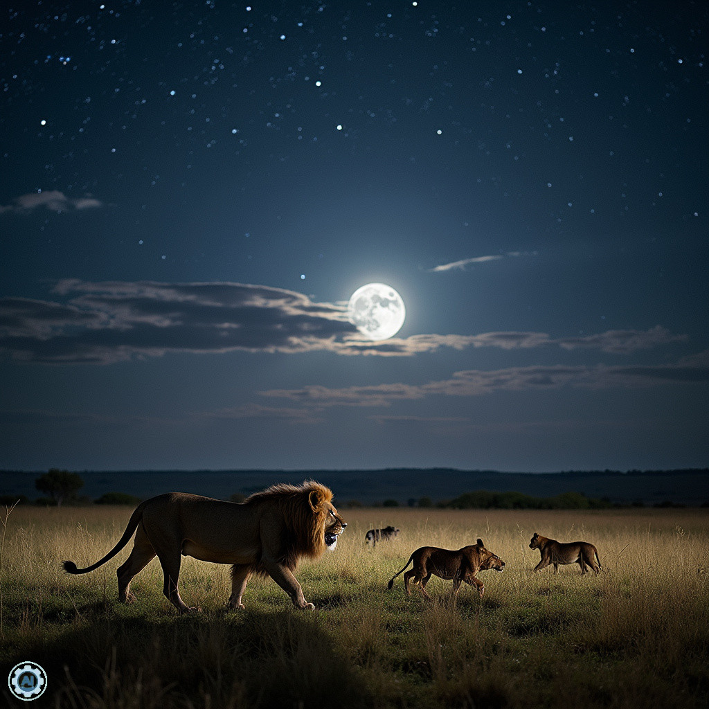 Nocne safari w Kenii - lwy polujące pod światłem księżyca w Masai Mara