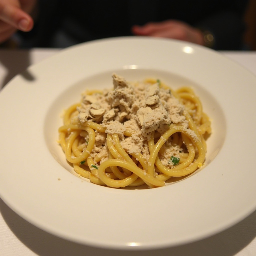 Talerz z makaronem i białymi truflami - fine dining w Turynie