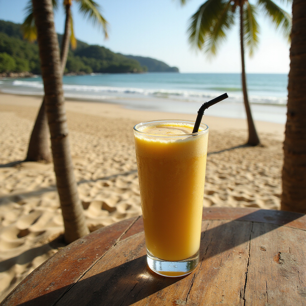 Kremowy mango shake z widokiem na plażę w Bophut