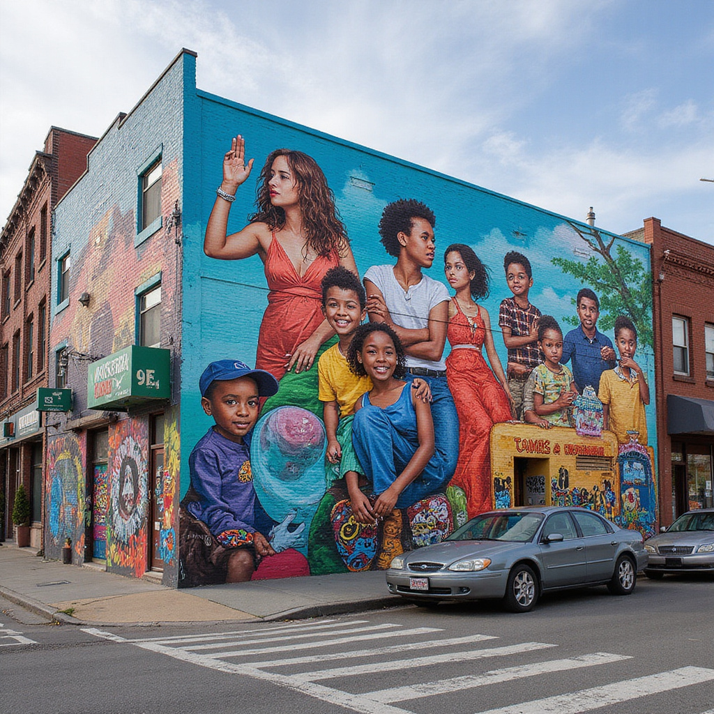 Mission District murale przedstawiające historię lokalnej społeczności, sztuka uliczna