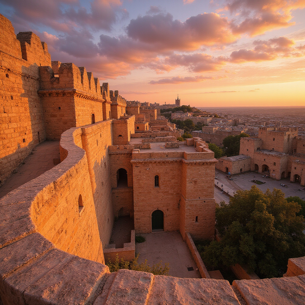 Widok na średniowieczne mury Mdiny o zachodzie słońca