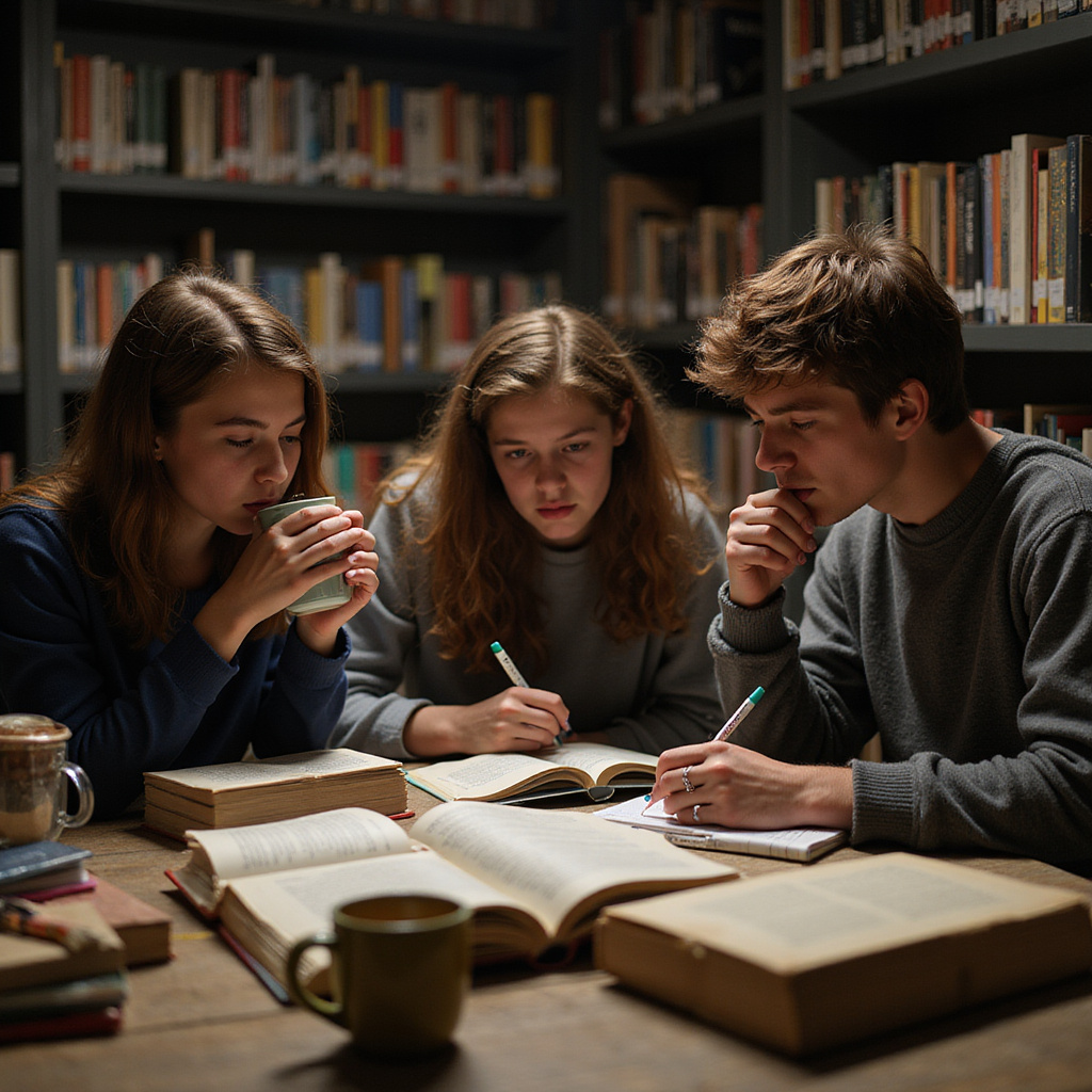 Młodzież ucząca się w bibliotece nocą, intensywna nauka, stres przed egzaminami