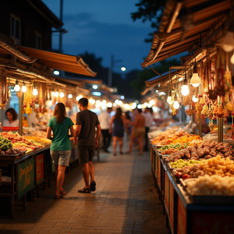 nocne targi Hua Hin z kolorowymi straganami i tłumem ludzi