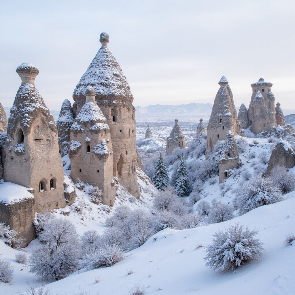 Ośnieżone kominy tufowe w Kapadocji zimą - bajkowy krajobraz Turcji