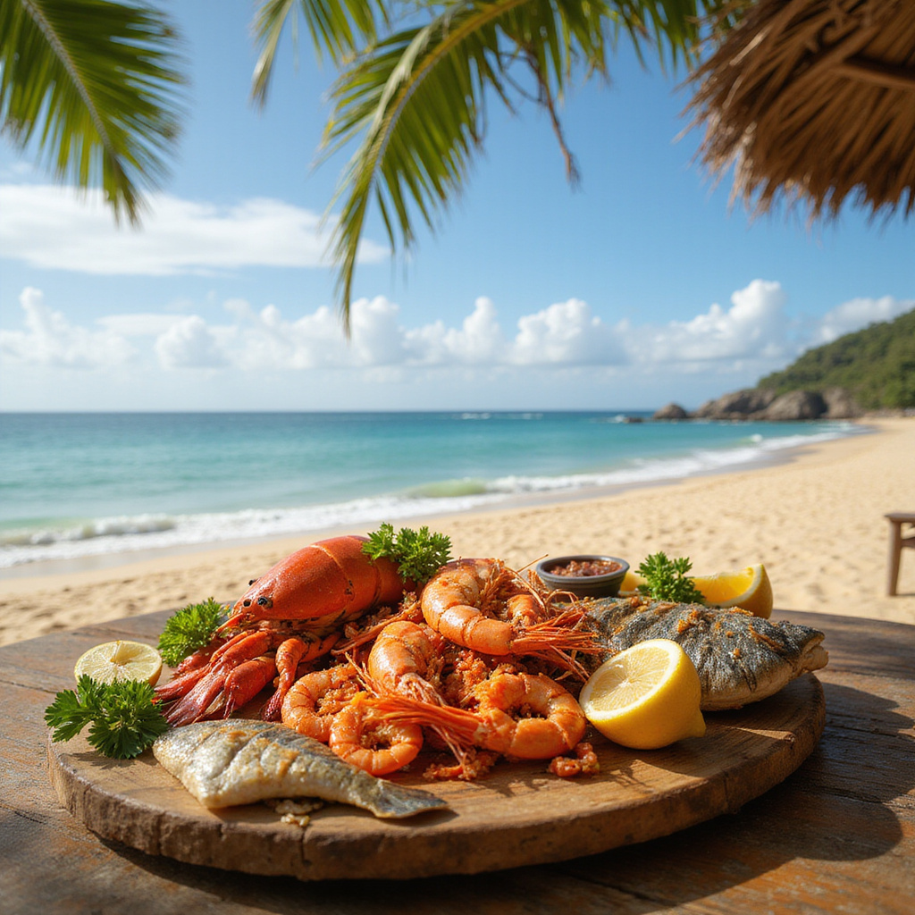 Świeże owoce morza Karaibów na tle plaży w Playa del Carmen