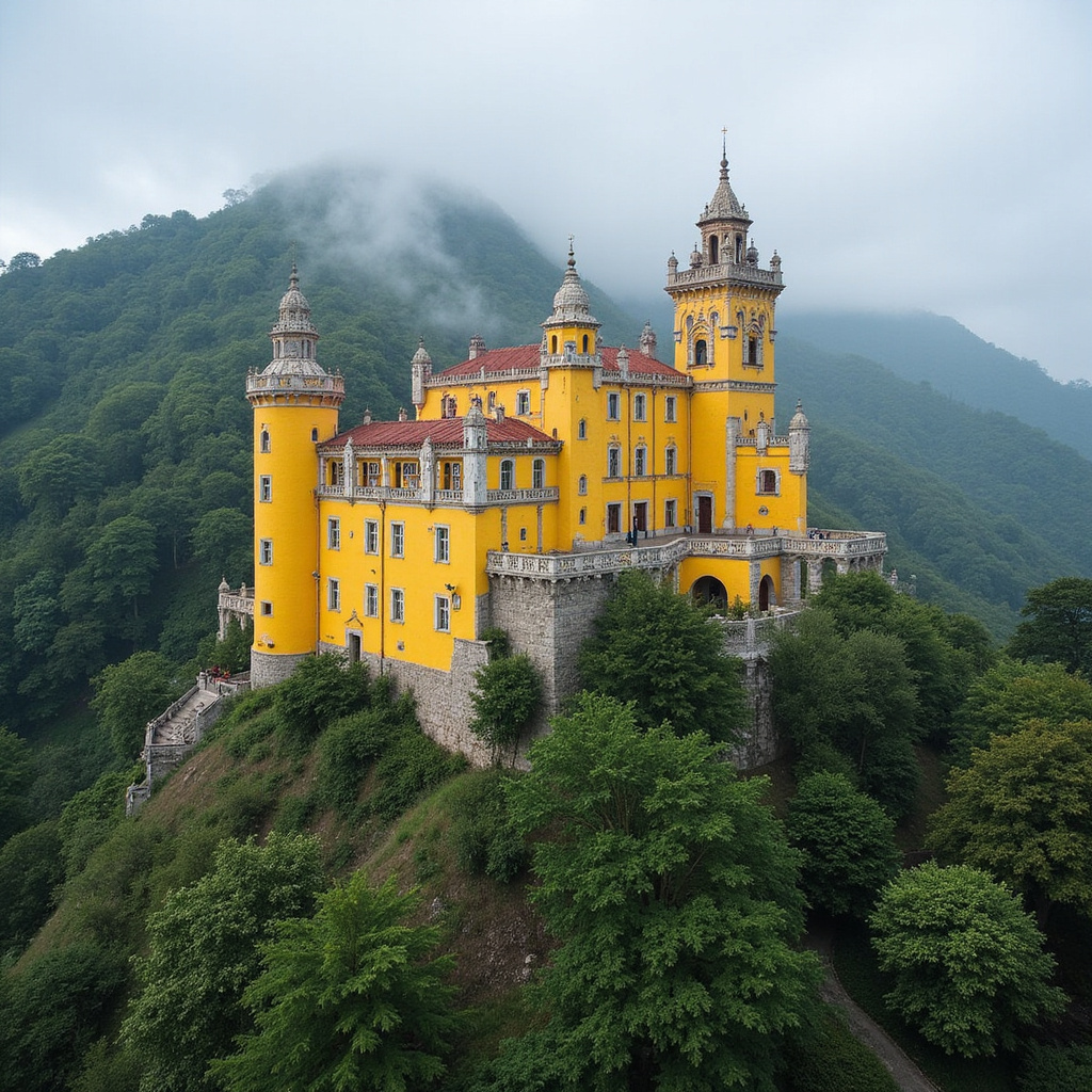 Kolorowy Pałac Pena w Sintrze, otoczony zielonymi wzgórzami i mgłą, główna atrakcja turystyczna