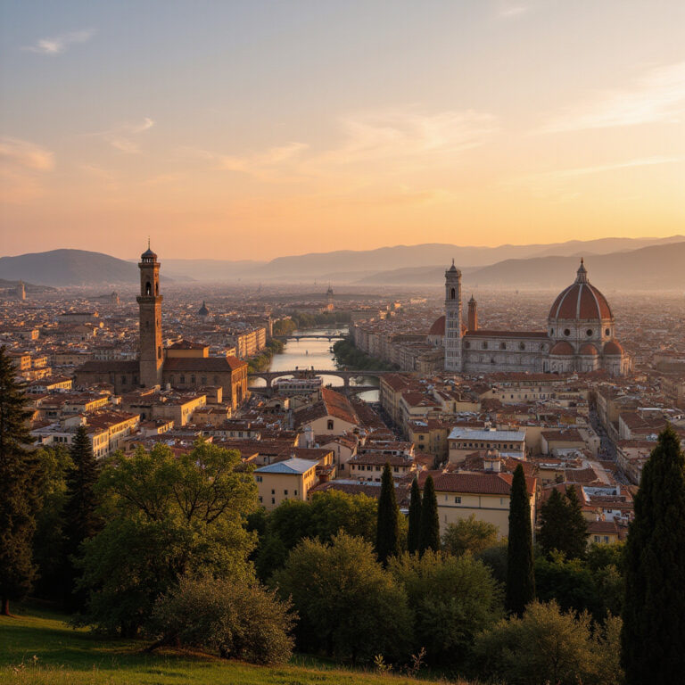 Panorama Florencji z Fiesole widziana o zachodzie słońca
