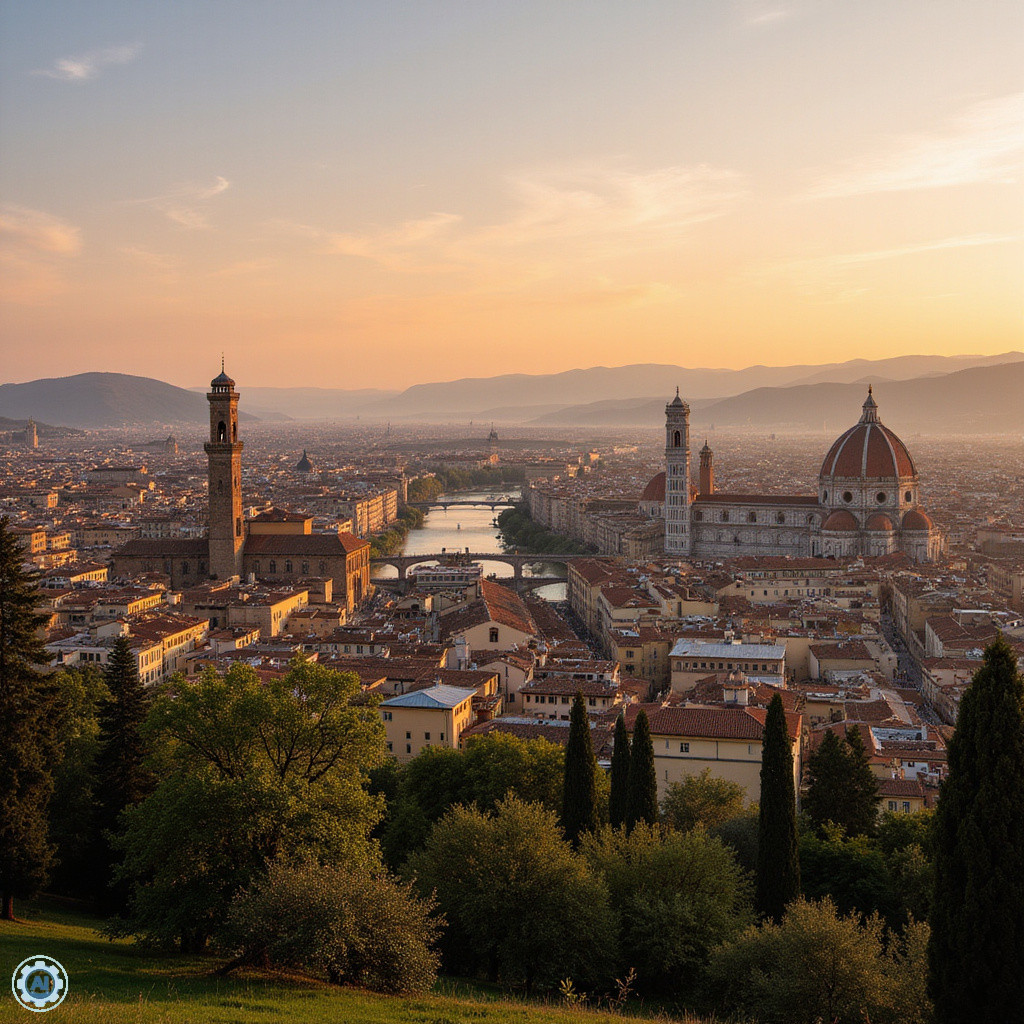Panorama Florencji z Fiesole widziana o zachodzie słońca