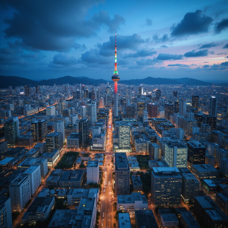 Fukuoka Tower widok na miasto z tarasu widokowego, nowoczesna architektura i panorama