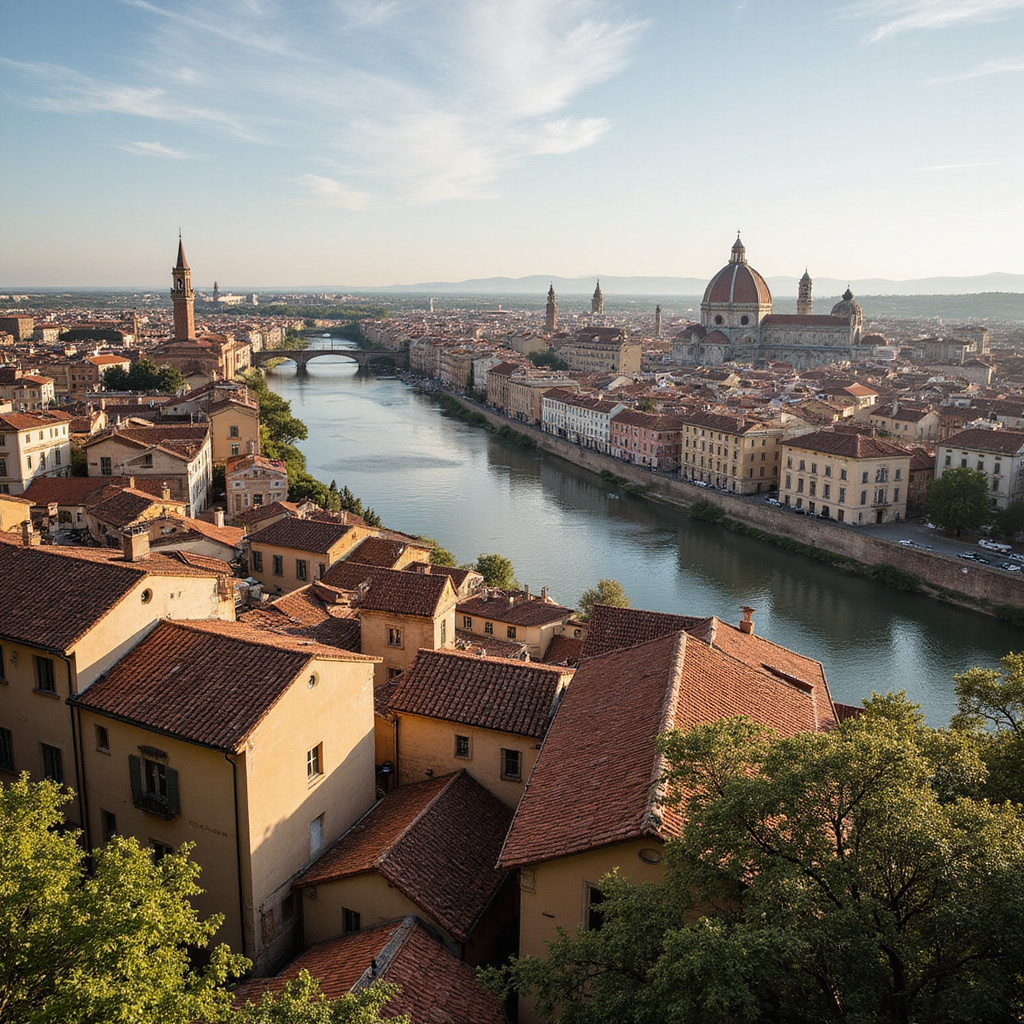 Panorama Werony z wzgórza San Pietro z widokiem na rzekę Adige i czerwone dachy
