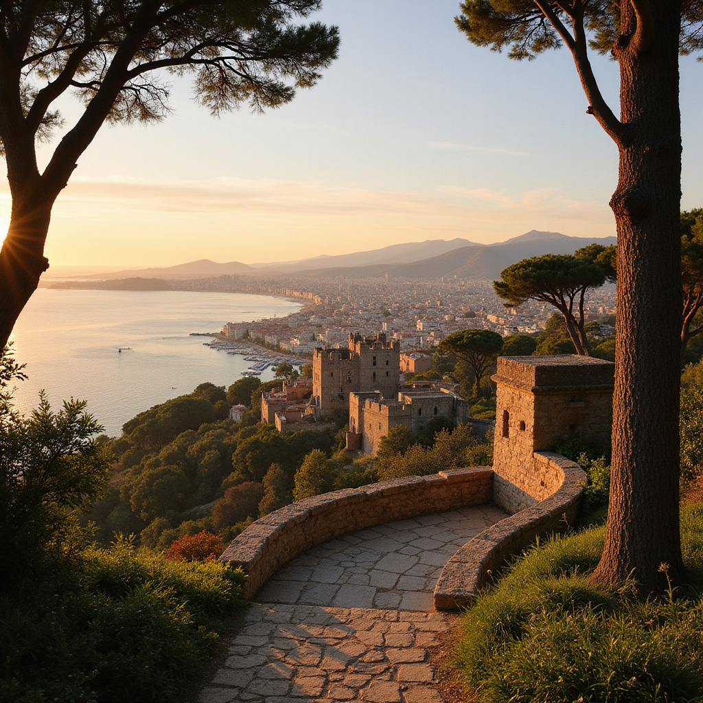 Wzgórze Zamkowe w Nicei z widokiem na Lazurowe Wybrzeże, historyczne ruiny i panoramę miasta