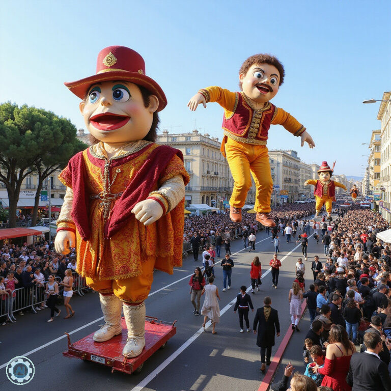 Kolorowa parada karnawałowa w Nicei z gigantycznymi kukłami na Promenade des Anglais